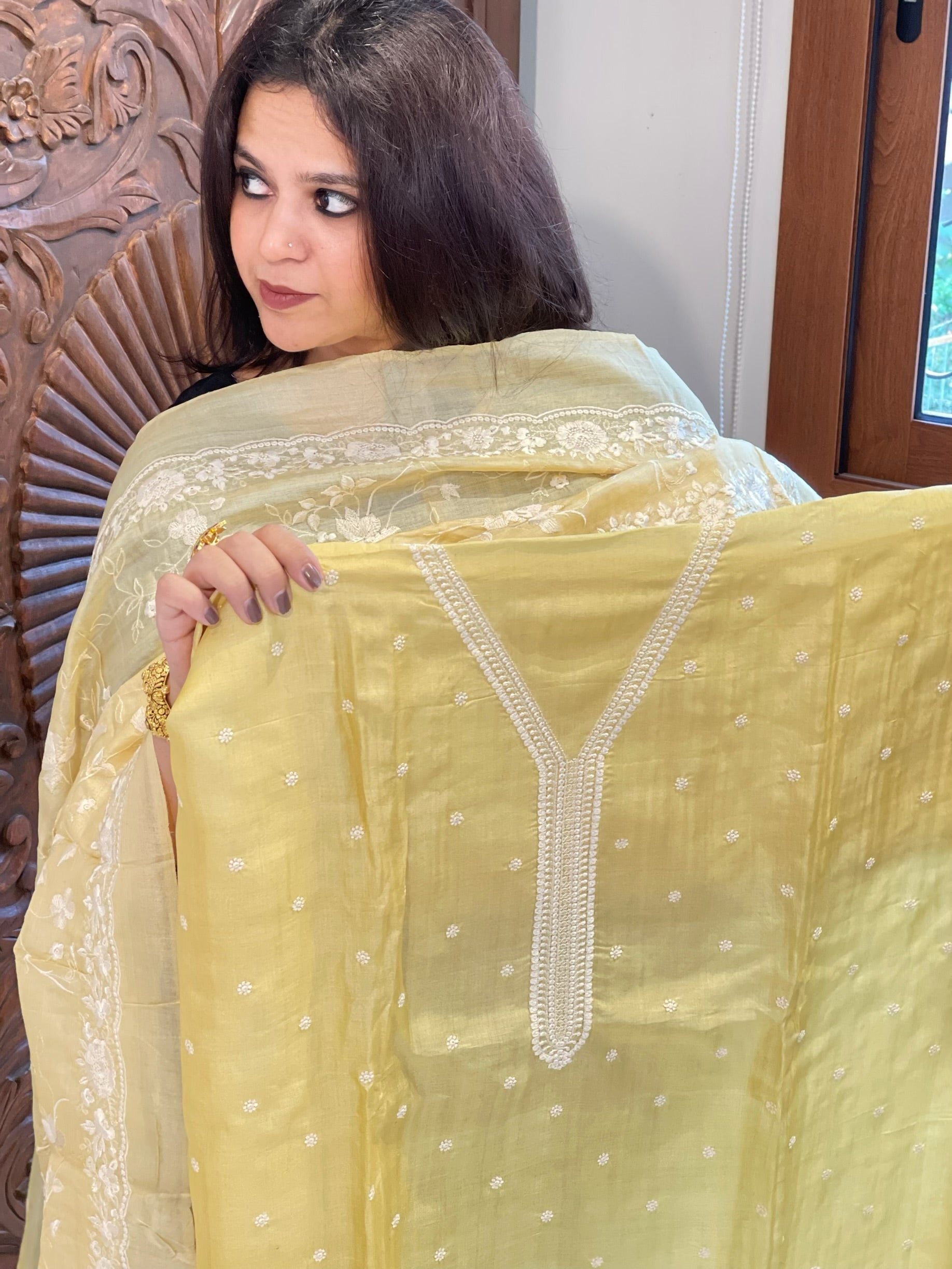 Yellow Suit Set with Thread Embroidery in Pure Tussar Silk - Masakalee
