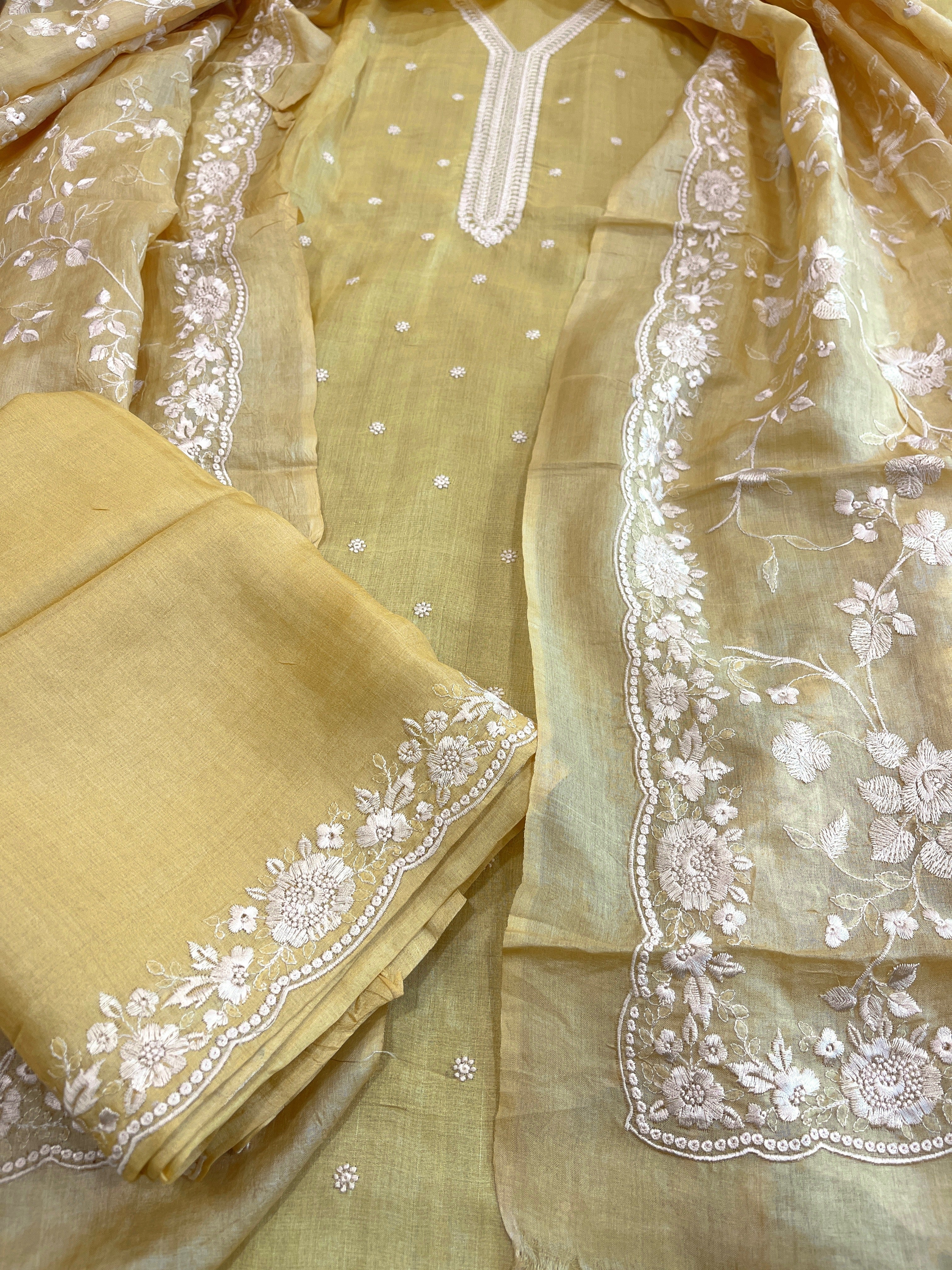 Yellow Suit Set with Thread Embroidery in Pure Tussar Silk - Masakalee