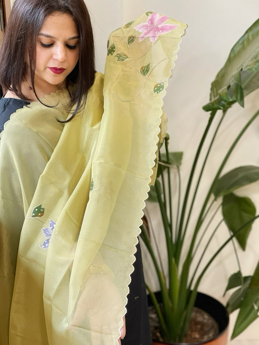 Yellow Tissue Organza Dupatta with Handpainted Applique Work - Masakalee