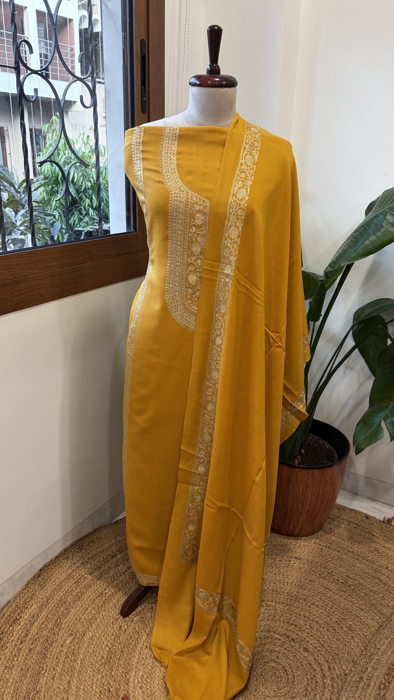 Yellow Winter Suit Set with Aari Work in Pashmina Wool - Masakalee