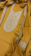 Yellow Winter Suit Set with Aari Work in Pashmina Wool - Masakalee