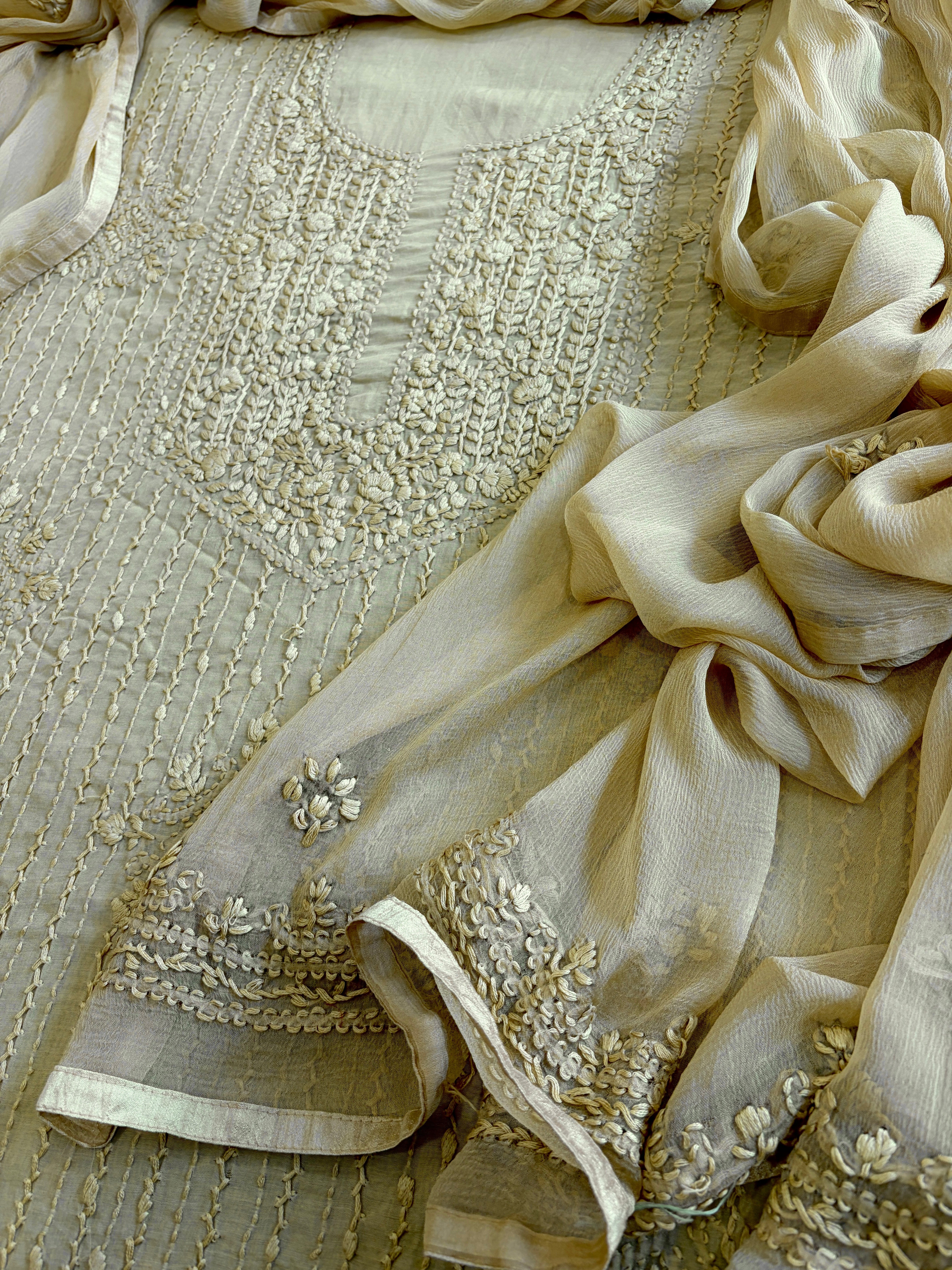 Yellowish Beige Suit Set with Lucknowi Handwork in Pure Mul Cotton - Masakalee