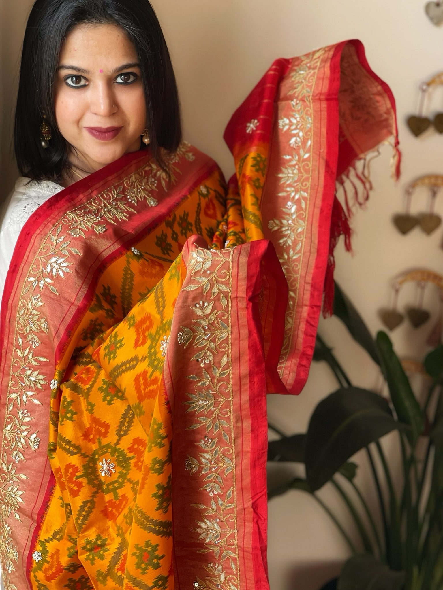 Handwoven Ikat Patola Dupatta in Pure Silk with Gotapatti Handwork