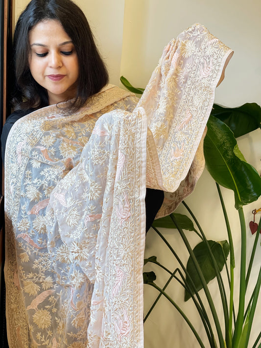 Lite Pink Parsi Gara Embroidery Dupatta in Georgette