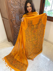 Orangish Yellow Suit Set with Kantha Handwork in Pure Tussar Silk