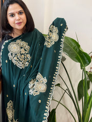 Deep Green Crepe Dupatta with Pearl, Cut Daana, Gold Thread & Sequin Embroidery