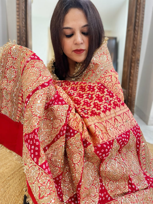 Tomato Red Handwoven NeemZari Bareek Bandhani with Sequin, Dabka Handwork in Pure Georgette