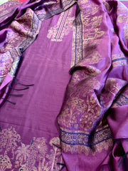 Purple Suit Set with Handwoven Kaani and Zari in Pure Silk