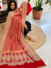Tomato Red Handwoven NeemZari Bareek Bandhani with Sequin, Dabka Handwork in Pure Georgette