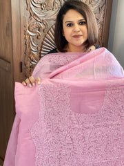 Pink Suit Set with Lucknowi Handwork in Pure Tussar Silk