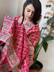 Pink Woven Bandhej Banarasi Dupatta in Fine Georgette with Pearl, Sequin, Dabka Work
