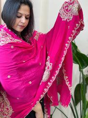 Hot Pink Crepe Dupatta with Pearl, Cut Daana, Gold Thread & Sequin Embroidery