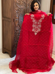 Reddish Maroon Suit Set with Mukaish Badla Handwork in Pure Organza