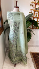 Pista Green Suit Set with Kantha Handwork in Pure Tussar Silk