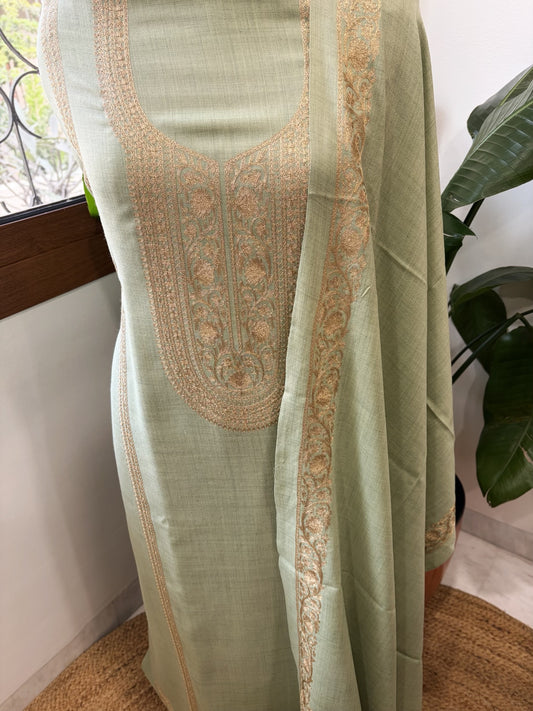 Sea Green Winter Suit Set with Aari Work in Pashmina Wool