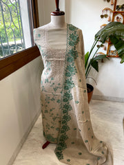 Gold, Green Suit Set with Thread Embroidery and Pitta Work in Tissue Chanderi
