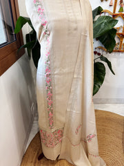 Cream Winter Suit Set with Aari Work in Pashmina Wool