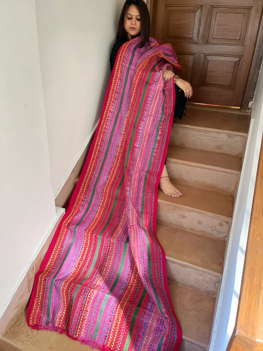 Pink, Red Handmade Kantha Dupatta in Silk