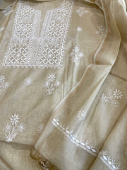 Gold Suit Set with Lucknowi Handwork in Tissue Chanderi