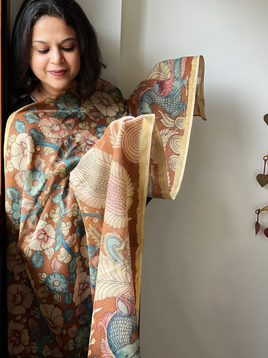 Handpainted Kalamkari Dupatta in Chanderi Silk