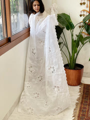 White Jaal Cut Work Dupatta in Kota Cotton