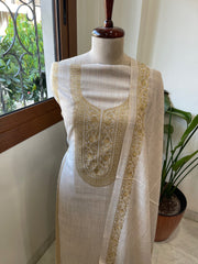 Oatmeal Beige Winter Suit Set with Aari Work in Pashmina Wool