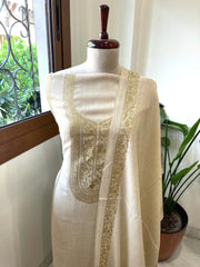 Cream Winter Suit Set with Aari Work in Pashmina Wool