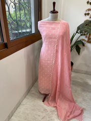 Peachish Pink Suit Set with Gold Thread & Sequin Work in Pure Mul