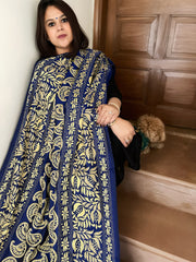 Blue Handmade Nakshi Kantha Dupatta in Pure Silk