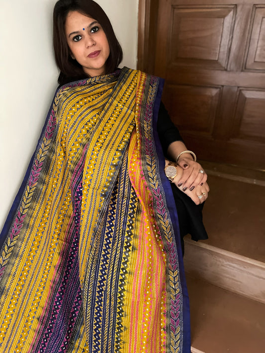 Yellow, Blue Handmade Kantha Dupatta in Silk