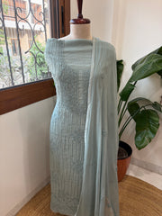 Dusty Sea Green Suit Set with Lucknowi Handwork in Pure Mul Cotton