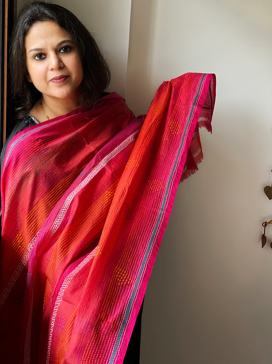 Orange, Pink Handmade Kantha Dupatta in Silk