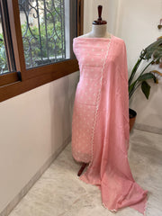 Peachish Pink Suit Set with Gold Thread & Sequin Work in Pure Mul