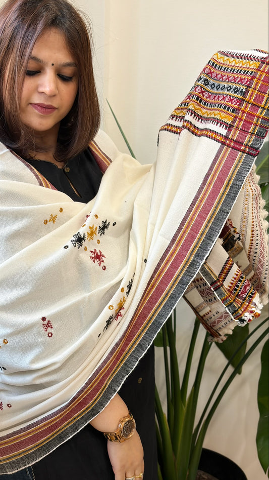 Off-White Handwoven Woollen Shawl with Mirror Handwork