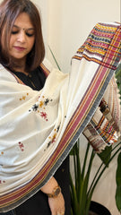 Off-White Handwoven Woollen Shawl with Mirror Handwork