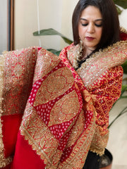 Tomato Red Handwoven NeemZari Bareek Bandhani with Sequin, Dabka Handwork in Pure Georgette