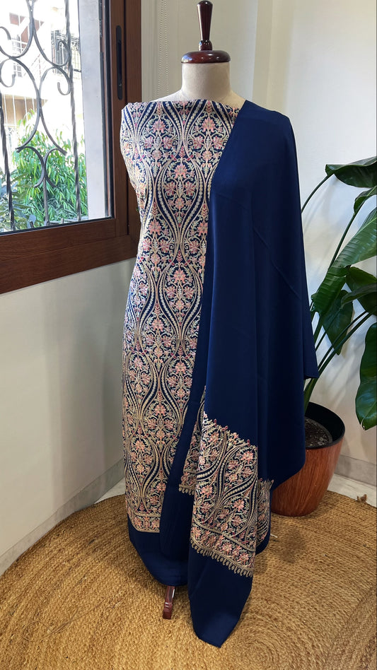 Navy Winter Suit Set with Aari Work in Pashmina Wool