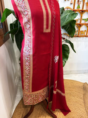 Red Winter Suit Set with Aari Work in Pashmina Wool
