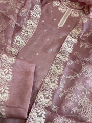 Mauve Suit Set with Thread Embroidery in Pure Tussar Silk