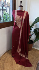 Crimson Red Winter Suit Set with Aari Work in Pashmina Wool