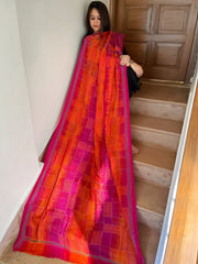 Orange, Pink Handmade Kantha Dupatta in Silk