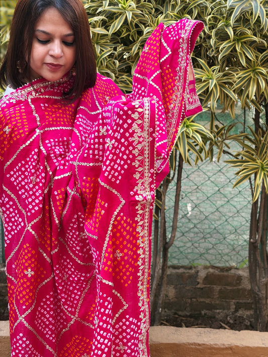 Pink Bandhani Dupatta with Gotapatti Handwork in Pure Silk