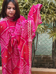 Pink Bandhani Dupatta with Gotapatti Handwork in Pure Silk