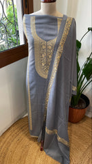 Powder Blue Winter Suit Set with Aari Work in Pashmina Wool