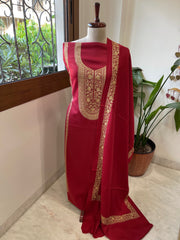 Red Winter Suit Set with Aari Work in Pashmina Wool