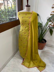 Greenish Yellow Suit Set with Thread Embroidery in Pure Mul