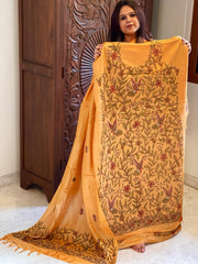 Lite Orange Suit Set with Kantha Handwork in Pure Tussar Silk