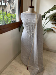 Grey Suit Set with Pearl, Cut Daana and Lucknowi Thread Handwork  in Pure Mul Chanderi