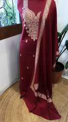 Crimson Red Winter Suit Set with Aari Work in Pashmina Wool