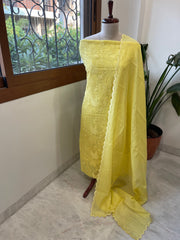 Yellow Suit Set with Thread Embroidery in Pure Mul